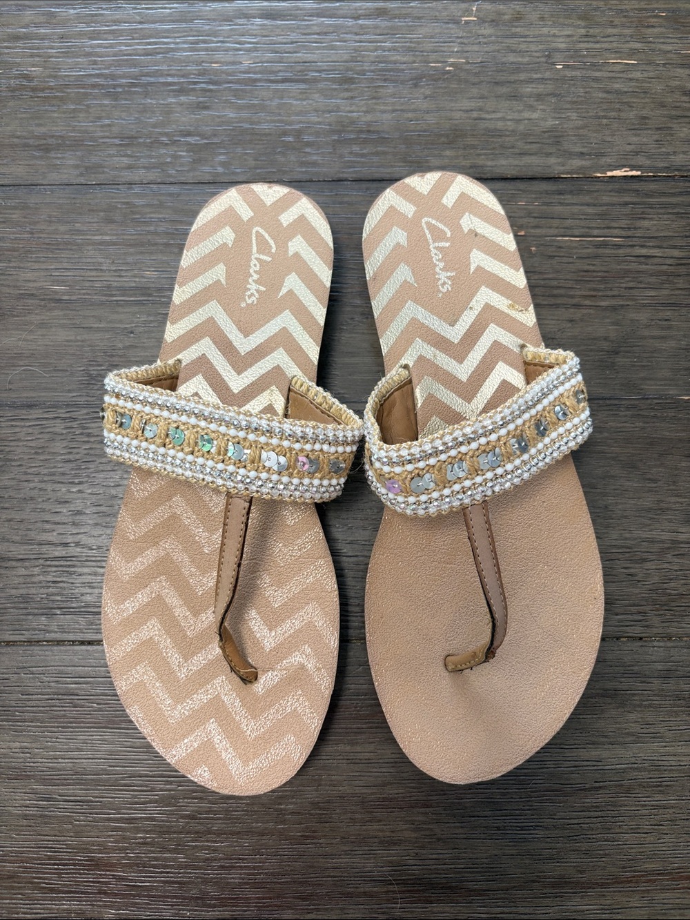 Clarks Beige Beaded Thong Sandals with Metallic Accents